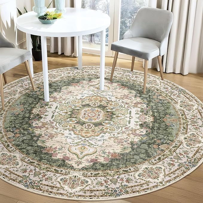 Green Round Rug 5ft, Circle Boho Area Rugs for Bedroom Living Room,Washable Vintage Bohemian Distressed Oriental Carpet Non Slip,Sage Floral