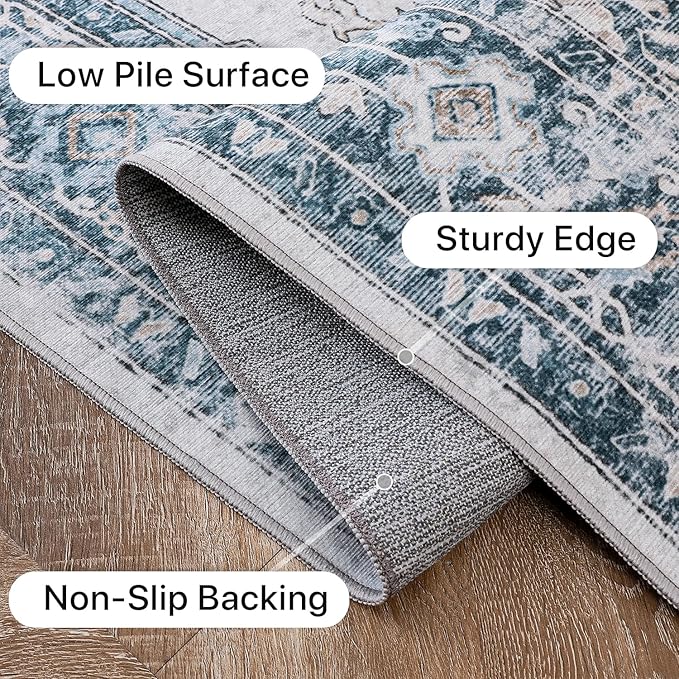 GENIMO Runner Rug 2x7, Machine Washable, Non Slip Vintage Hallway Runner Rug, Low Pile Lightweight Rugs for Entryway, Hallway, Corridor and Kitchen, Blue