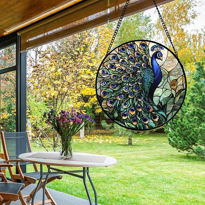 Stained Glass Window Hanging, Blue Green Peacock Decor Suncatcher for Door Garden Home Decoration Bird Sun Catchers Christmas Mother's Day Birthday Gifts for Women Men Mom Nana Friend 9.8 in