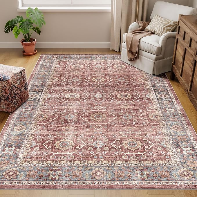Dripex Vintage Washable Area Rug - 5x8 Distressed Rugs for Living Room Bedroom Oriental Medallion Floral Print Carpet Low-Pile Indoor Soft Non-Slip Accent Rug Farmhouse Office Home Decor