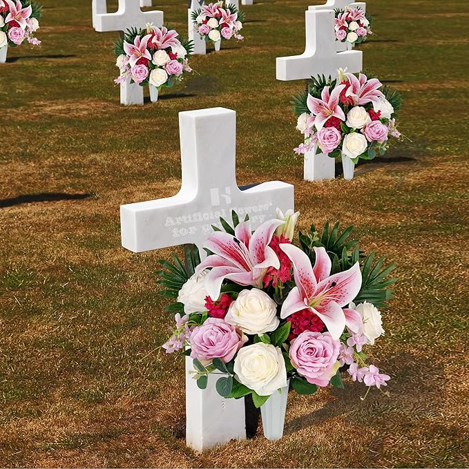 HENOMO Artificial Cemetery Flowers for Grave Vase， Headstone Silk Flower Arrangement, Graveside Decoration- Vibrant Pink Lily and Rose, Tombstone Memorial Bouquet with Vase