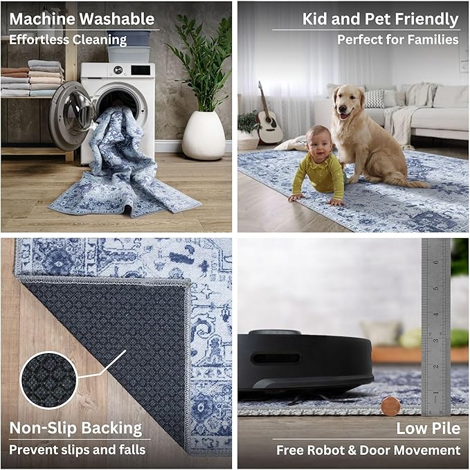Bloom Rugs Washable Non-Slip 7 ft Runner - Gray/Blue Traditional Medallion Runner for Entryway, Hallway, Bathroom, and Kitchen - Exact Size: 2.5' x 7'