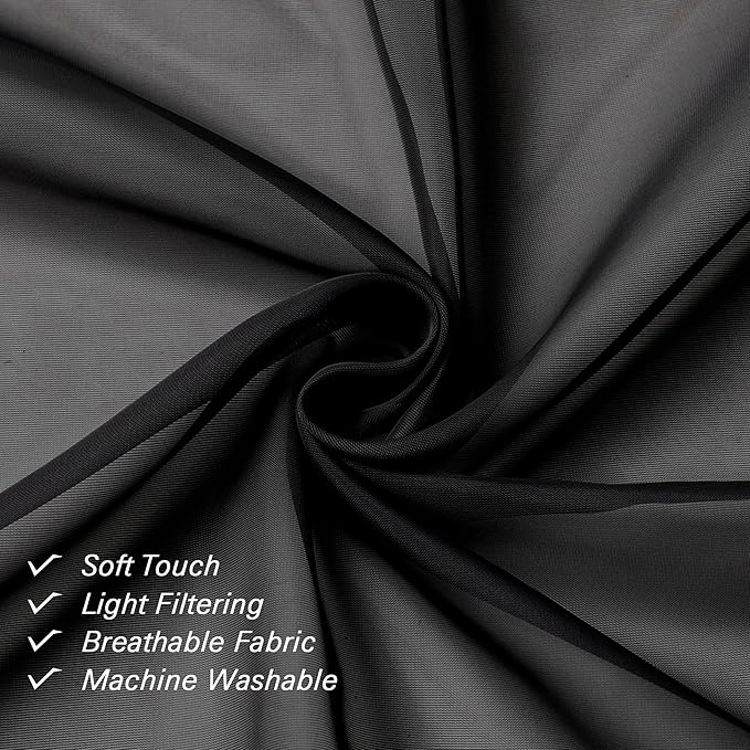 Lecloud 36 Inch Black Curtains Sheer Tiers for Kitchen Set of 2 Pieces, Dual Rod Pocket Window Small Curtain for Bedroom, Elegant Living Room Bathroom Cafe Cupboard Gauzy Tiers, 40W x 36L Inch