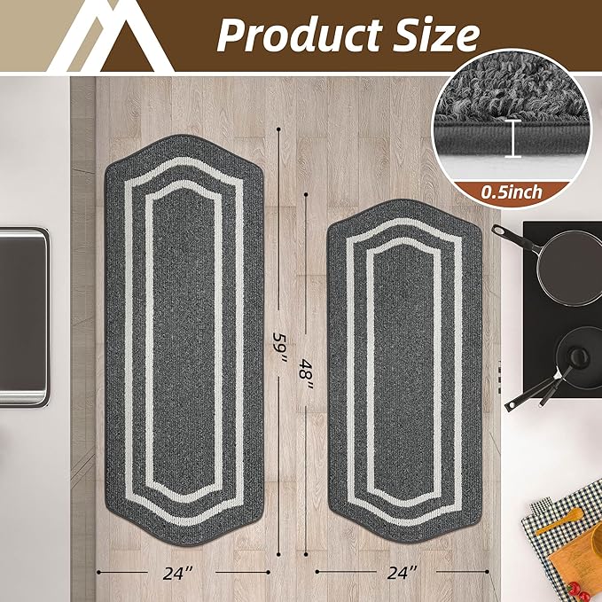 COSY HOMEER Long Kitchen Floor Mats for in Front of Sink Super Absorbent Kitchen Rugs and Mats 24"x48"+24"x59"Non-Skid Kitchen Mat Standing Mat Washable,Polypropylene,Dark Grey,Frame