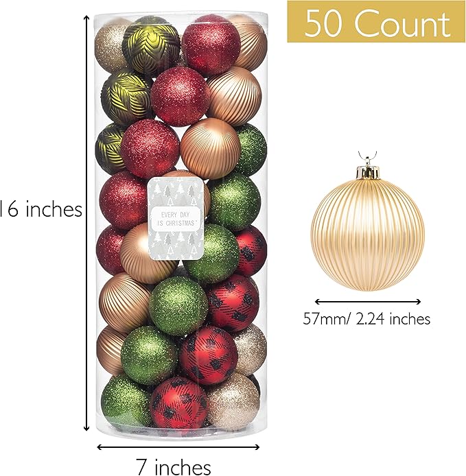 Every Day is Christmas Ornaments, Shatterproof Christmas Tree Ornament Set, Christmas Balls Decoration (50 Count 2.24"/57mm, New Woodland)