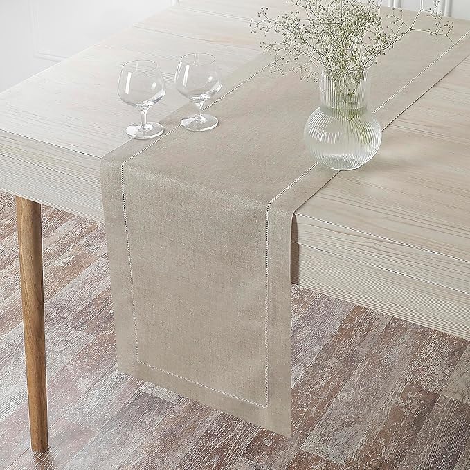 D'Moksha Homes Linen Natural Table Runner 84 Inches Long - 100% Pure Linen Table Runner 14 x 84 Inch for Valentines, Spring, Easter - Classic Hemstitch