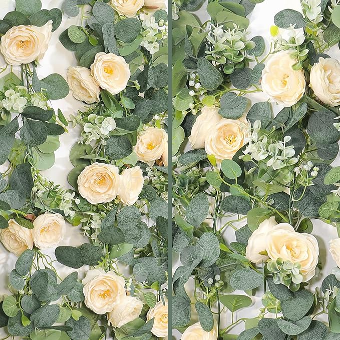 TOCHGREEN 2 Pack 12Ft Artificial Eucalyptus Flower Garland with Champagne Roses, Fake Rose Flower Greenery Garland Floral Vines for Wedding Home Party Table Runner Decor (2PCS, Champagne)