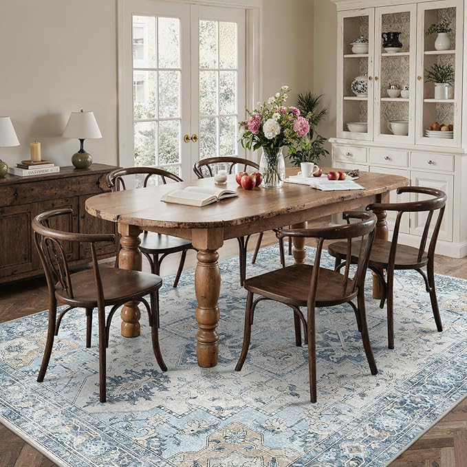 8x10 Area Rugs for Living Room, Machine Washable Non Slip Vintage Rugs, Low Pile Lightweigt Chenille Print Indoor Rug for Bedroom, Dining Room, Home Office, Blue