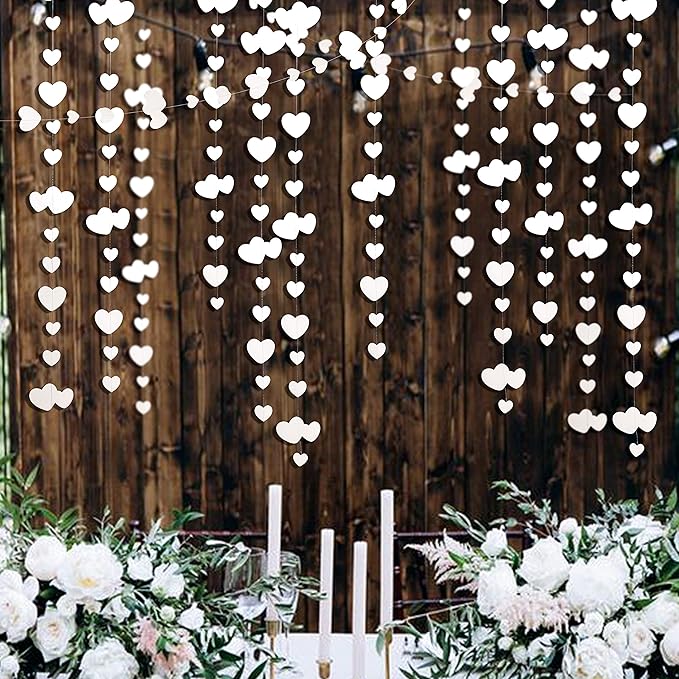 52Ft Valentines Day Party Decorations White Heart Garland White Love Heart Hanging Paper Streamer Banner for Wedding Anniversary Bridal Shower Engagement Mothers Day Bachelorette Winter Party Supplies