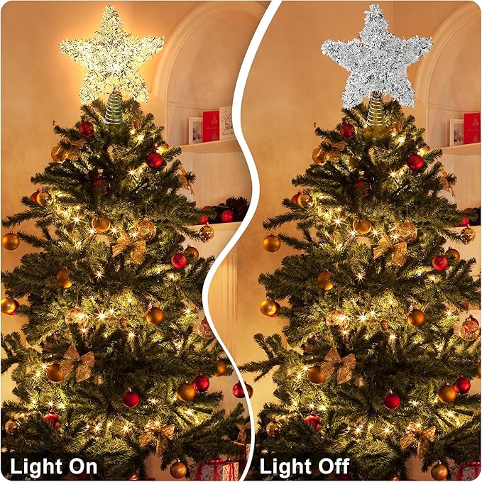 LAWOHO Christmas Tree Topper Star, Exquisite Christmas Decor, 10 Inch Shiny Silver Christmas Tree Decoration with 6H Timer, 20 Warm LED Lights for Xmas Tree, Holiday & Party, Indoor Decor