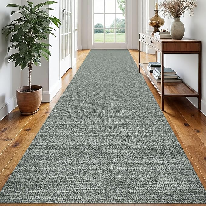 EARTHALL Extra Long Runner Rug 3x18 Ft Washable Runners for Hallways Cotton Non Slip Entryway Runner Braided Kitchen Runner Indoor Outdoor Carpet Runners for Hotels, Officel, Stair, Green/Grey