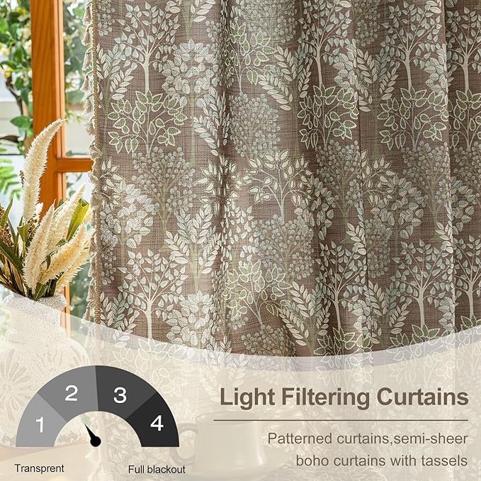 OYX Floral Curtains 63 Inch Length 2Panels for Living Room, Bedroom Light Filtering Drapes, Farmhouse Vintage Country French Tassels for Boho Pattern Rod Pocket Aesthetic Home Decor Window Treatments
