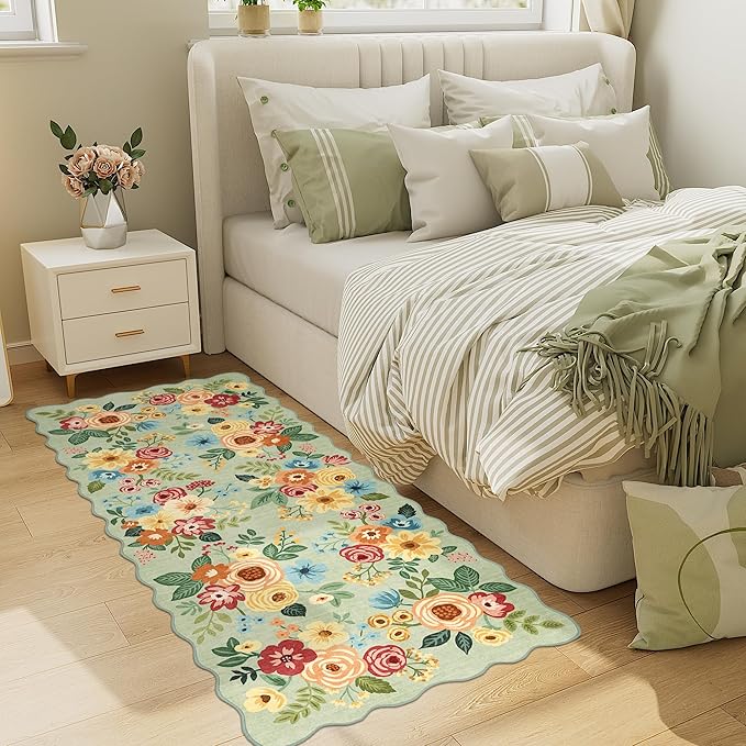 DUKINO 2x5 Washable Runner Rugs, Non Slip Floral Print Entryway Rug with Soft Low Pile, Lightweight Mat for Living Room, Bathroom, Bedroom, Kitchen, Green