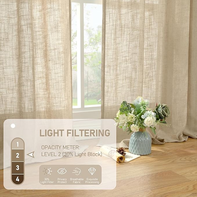 LAMIT Linen Blended Curtains for Bedroom, Faux Linen Textured Light Filtering Drapes Back Tab and Rod Pocket Boho Burlap Panels for Farmhouse/Living Room, 2 Panels, 52 x 72 Inch, Brown