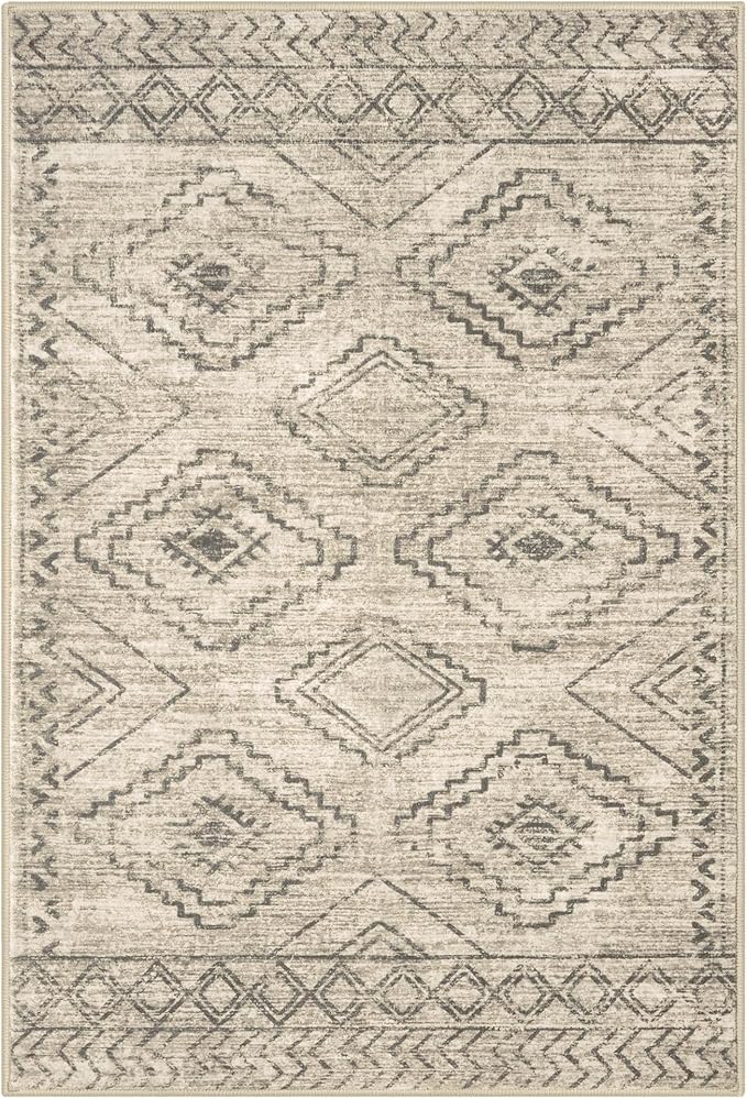 KILOCOCO Boho Entryway Rug 3x5 Area Rug Washable Non Slip Throw Rugs Soft for Kitchen Living Room Dining Bedroom Geometric Moroccan Carpet, Beige/Gray/Green
