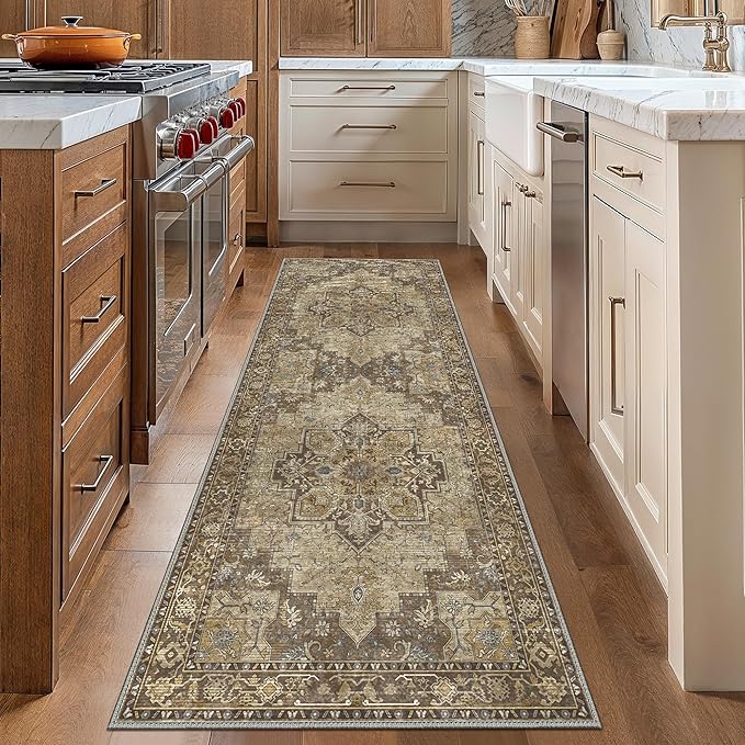 GENIMO 2x10 Runner Rugs for Hallway, Machine Washable Non Slip Vintage Rugs, Low Pile Lightweight Soft Print Rug for enrtyway, Corridor, Home Office, Kitchen, Rustic Brown