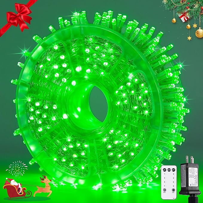 JMEXSUSS 400 LED Green Christmas Lights Indoor Outdoor, 132ft String Lights Plug in with Remote, 8 Modes Clear Wire Christmas Tree Lights for Room Garden Patio Outside Party Xmas Tree Decor