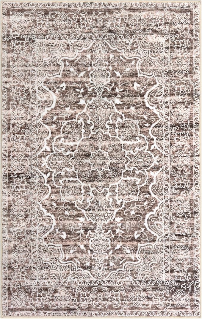 KUTA Vintage Floral Rug 3x5 Area Rugs for Living Room Brown Washable Kitchen Carpet Non-Slip, Ultra Soft Printed Distressed Tribal Entry Low-Pile Throw for Entrance Bedroom Home Décor