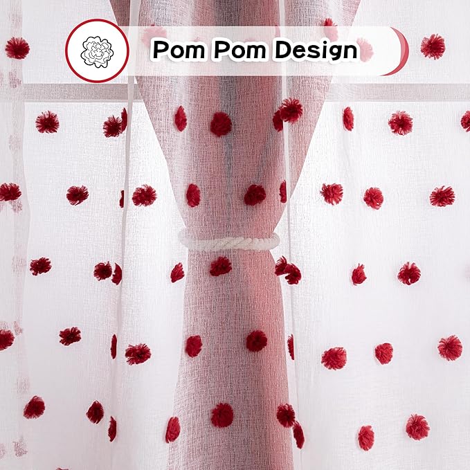 MYSKY HOME Red Christmas Blackout Curtains for Living Room 84 Inches Long with Pom Pom Sheer Nursery Curtains Girl Room Darkening Double Layer Window Drapes Grommet, 52 x 84 in, 2 Pieces
