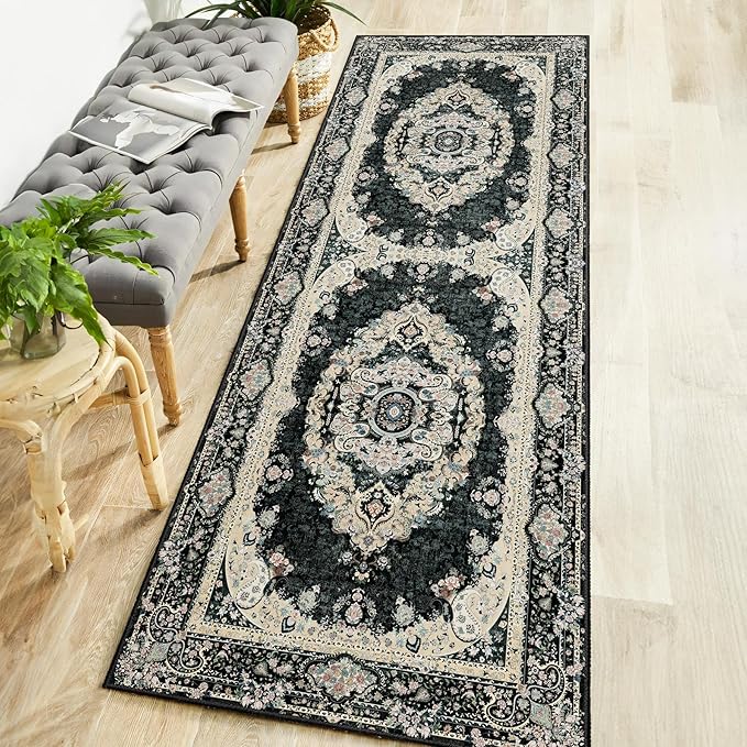 Washable Runner Rug 2x6,Black Rug Runners Non Slip,Long Boho Rugs for Hallways Kitchen Bedroom Entryway Living Room Bathroom,Vintage Bohemian Distressed Floor Carpet,Floral