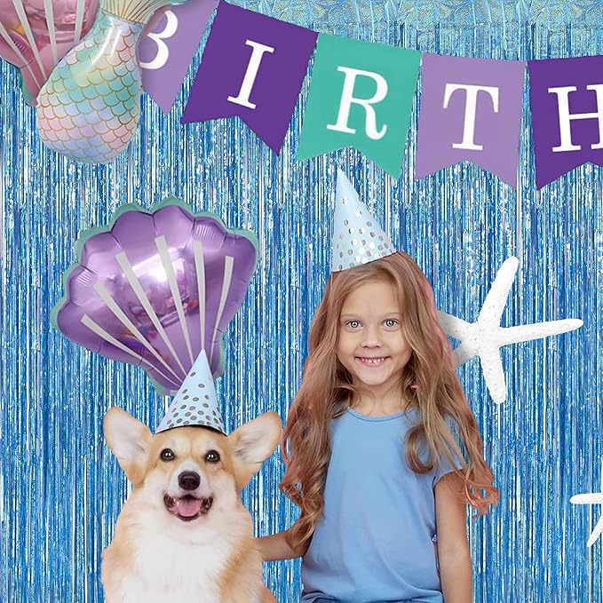 BRAVESHINE Light Blue Tinsel Foil Fringe Curtains - 2Pcs 3.2x8.2 ft Metallic Holiday Streamers Backdrop for Christmas/Winter’s Snowflake/Frozen/Birthdays/Mermaid/Bachelorette/Engagement Party Decor