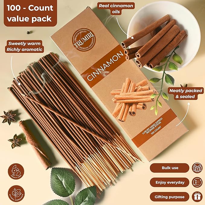 Cinnamon Incense Sticks - Pack of 100 Insence-Sticks - Incienso De Canela Made with Natural Inscent Ingredients - Scented Insense Non Toxic Incents