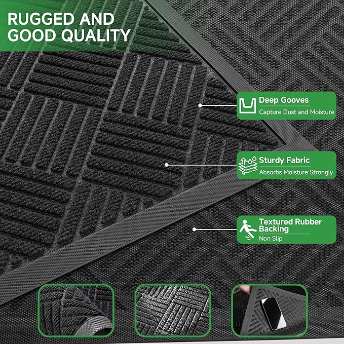 Front Door Mat, Heavy Duty Indoor Outdoor Doormat, 72” x 48” Low Profile Outdoor Mats for Home Entrance, Stain and Fade Resistant Welcome Mat Ideal for High Traffic Area, Diamond Black