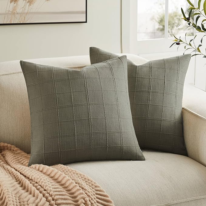 ZeeMart Linen Checked Throw Pillow Covers Set of 2, 20x20 Inch Olive/Cream, Farmhouse Decorative Single Sided Grid Embroidered Couch Pillow Cases Green Cotton Linen Cushion Covers