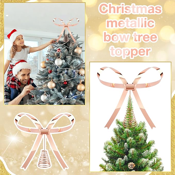 Metal Christmas Bow Tree Topper, Christmas Rose Gold Bow Ornament Decorations for Xmas Tree Topper Garland Wreath Indoor Outdoor Decor, 9.5 x 8.7''
