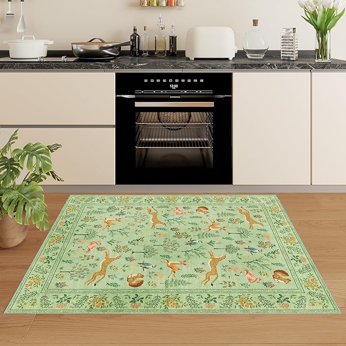 DUKINO 2x3 Rug, Washable Animal Rugs for Entryway, Non Slip Indoor Door Mat, Soft Low Pile Small Area Carpet for Entrance, Bedroom, Kitchen, Laundry, Bathroom, Light Green