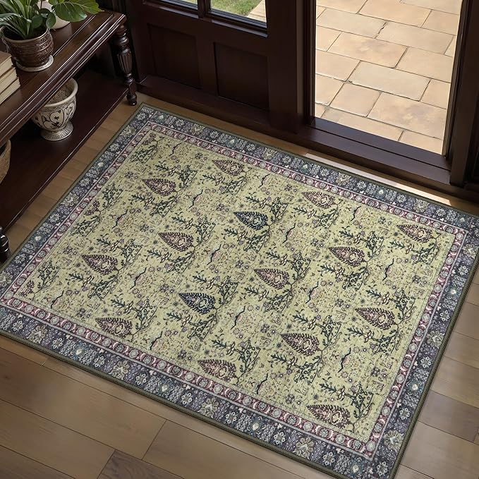 Tangsoo 2x3 Small Washable Entry Rug, Vintage Boho Purple Floral Rug for Entryway Bedroom Entrance, Non Slip Soft Low Pile Door Mat Throw Carpet for Kitchen Bathroom Foyer Decor