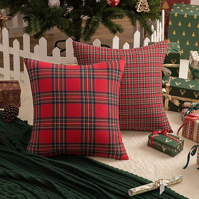 AQOTHES Pack of 2 Christmas Plaid Decorative Throw Pillow Covers Scottish Tartan Cushion Case for Farmhouse Home Holiday Decor Red and Green, 16 x 16 Inches