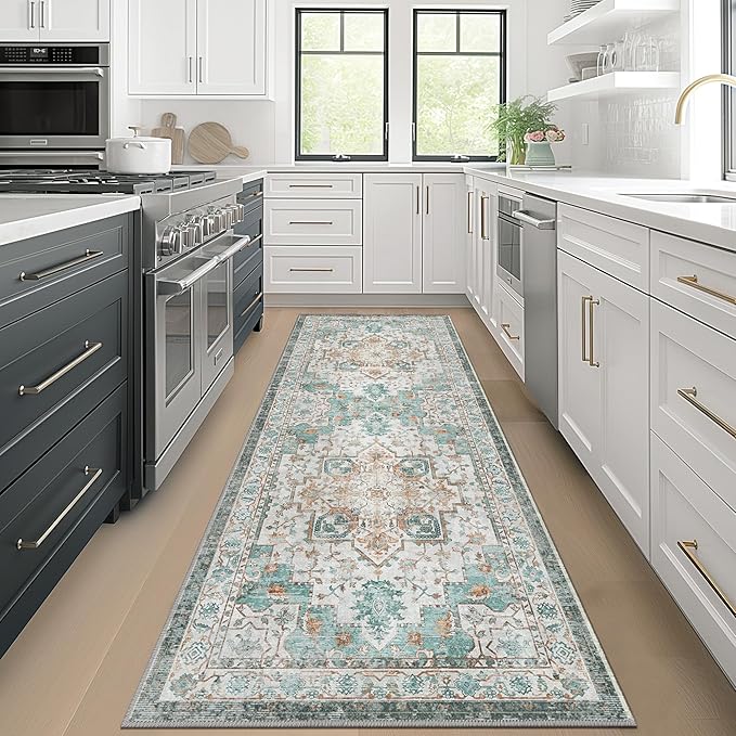 GENIMO 2‘6“x10 Runner Rugs for Hallway, Machine Washable Non Slip Vintage Rugs, Low Pile Lightweight Soft Print Rug for enrtyway, Corridor, Home Office, Kitchen, Cyan