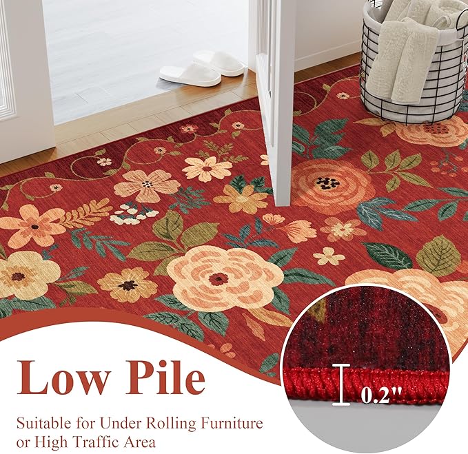 DUKINO 6x9 Area Rug, Floral Rugs for Living Room, Lightweight Non Slip Washable Rug, Indoor Low Pile & Non-Shedding Boho Design Rugs for Bedroom, Living Room, Dining Room, Red