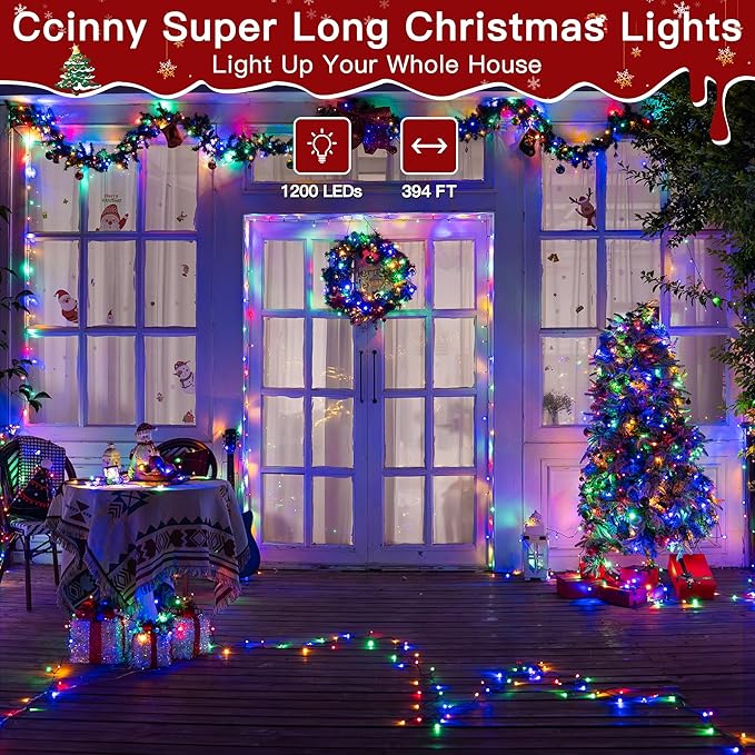 394FT 1200 LED Christmas Lights Outdoor, Christmas Tree Lights Plug in, 8 Modes Twinkle String Lights for Bedroom Wedding Party Holiday Xmas Home Decorations Multicolored
