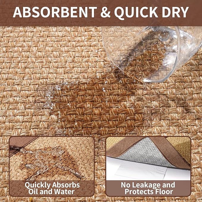 Kitchen Runner Rugs Non Slip Washable, Super Absorbent Kitchen Mats for Floor, Rubber Backing Jute-Like Braid Long Sink Mat Standing Floor Mat, Machine Washable, Brown 17"x59"