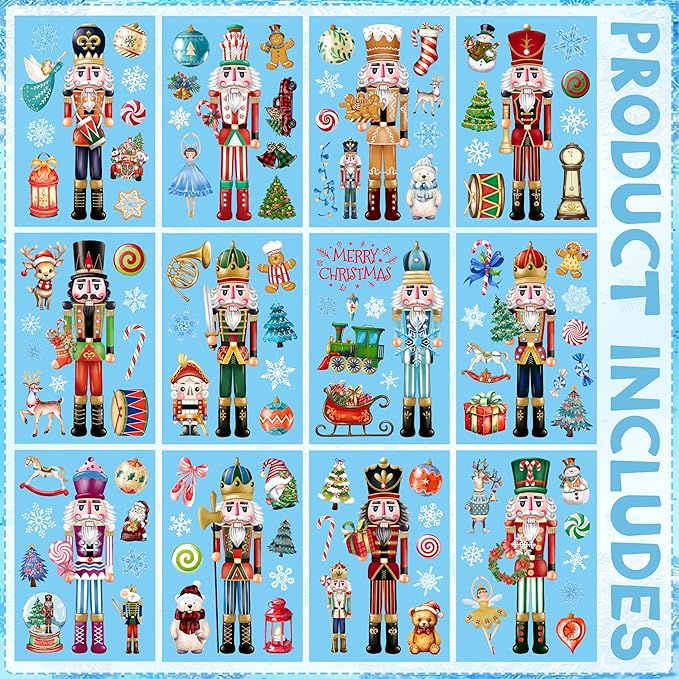 BORAMDO Christmas Nutcracker Window Clings - 12 Sheets of Removable Decals, Stickers for Glass Windows, Xmas Holiday Home Office Decor, 12 Styles