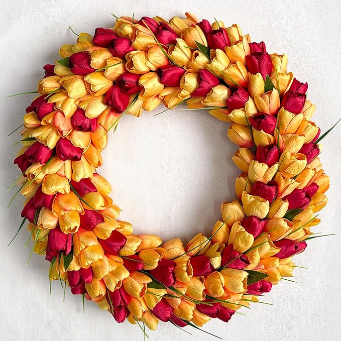 Tulip Wreath for Front Door, 20 Inch Tulip Spring Wreath with Green Leaves, Artificial Floral Door Wreath for All Seasons Wall Window Valentine Easter Home Decor (Orange)