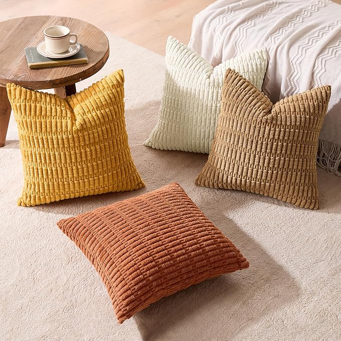 MIULEE Fall Soft Corduroy Throw Pillow Covers Set of 4 Camel 18x18 Inch Modern Farmhouse Boho Decorative Accent Cushion Covers for Couch Sofa Bedroom