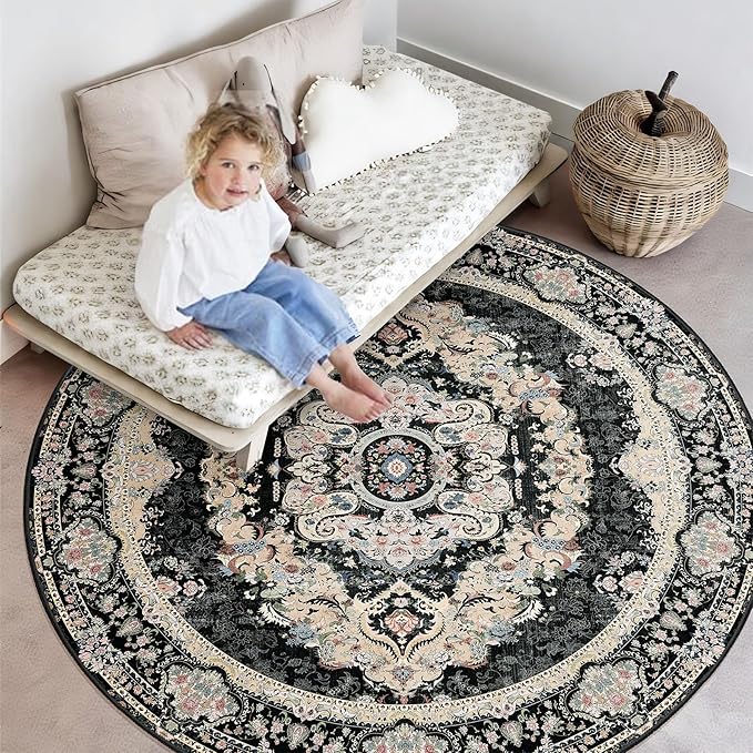 Black Round Rug 6ft,Large Circle Area Rugs for Bedroom Living Room Dining Room,Washable Boho Vintage Bohemian Distressed Oriental Carpet Non Slip,Floral
