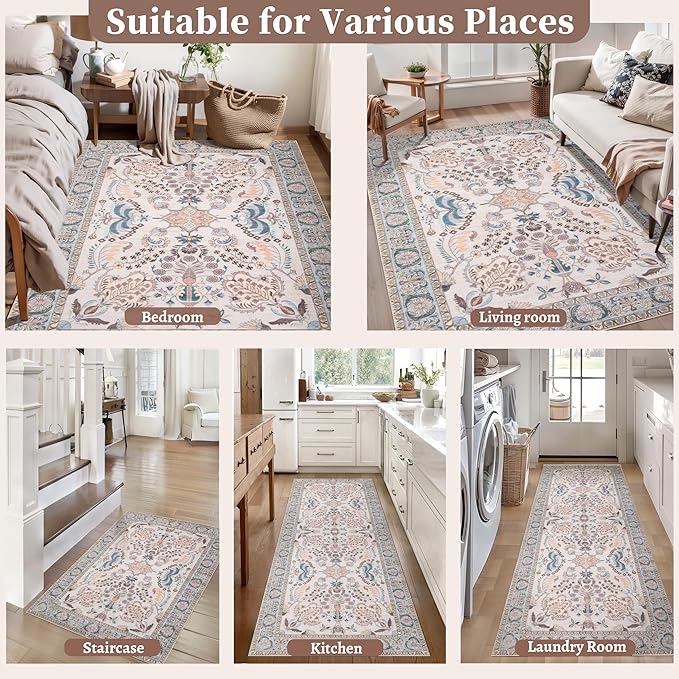 Tangsoo 2x3 Small Rug for Entryway, Washable Area Entry Rug Non Slip, Persian Neutral Low Pile Soft Area Rugs, Indoor Front Door Boho Floral Throw Rugs for Entrance Kitchen Bedroom Bathroom Home Decor