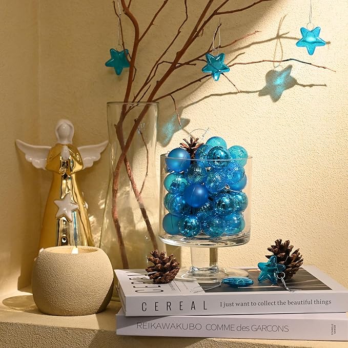 DecorbyHannah Mini Christmas Tree Ornaments, 35ct 1.18inches Blue Christmas Ball Ornaments for Tree Decorations, Small Clear Shatterproof Plastic Hanging Balls Bulk for Xmas, Party, Wedding