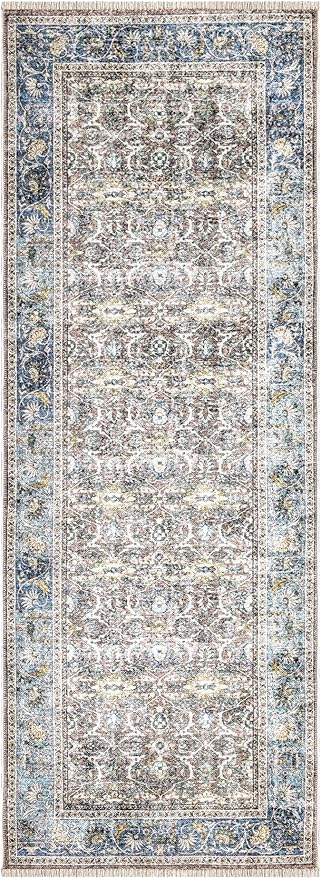 Bloom Rugs Caria Washable Non-Slip 12 ft Runner - Blue/Red Brown Traditional Runner for Entryway, Hallway, Bathroom, and Kitchen - Exact Size: 2'6" x 12'