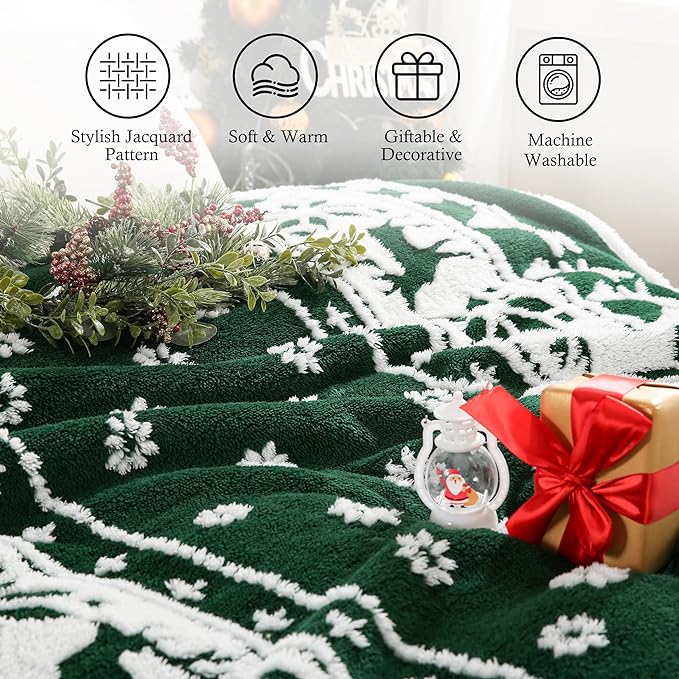 SOCHOW Christmas Holiday Jacquard Sherpa Fleece Throw Blanket, Fuzzy Warm Super Soft Reversible Plush Blanket for Bed, Sofa and Couch, 50 x 60 inches, Green