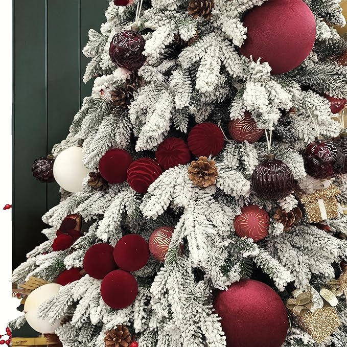 15PCS Red Velvet Flocked Christmas Ornaments, 3.15" Shatterproof Matte Balls for Xmas Tree Decor, Elegant Luxury Holiday Ornaments (Burgundy Red)