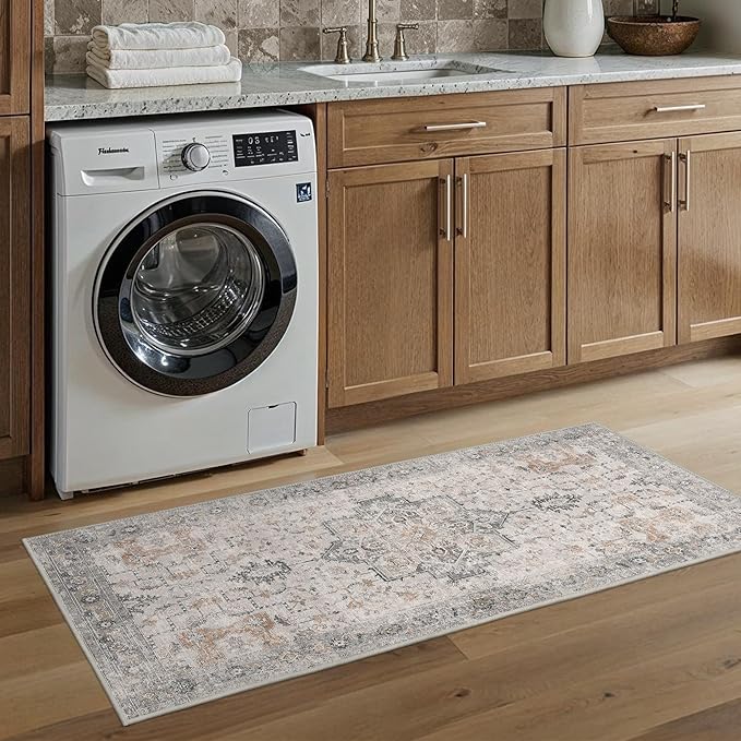 Runner Rug 2'6''x5 Non Slip Machine Washable Vintage Hallway Runner Rug, Low Pile Lightweight Rugs for Entryway, Hallway, Kitchen and Corridor, Light Taupe Brown