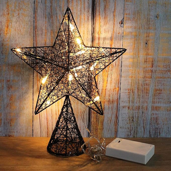 CVHOMEDECO. Black Tree Top Star with Warm White LED Lights and Timer for Christmas Tree Toppper Ornaments and Holiday Seasonal Décor, 8 x 10 Inch