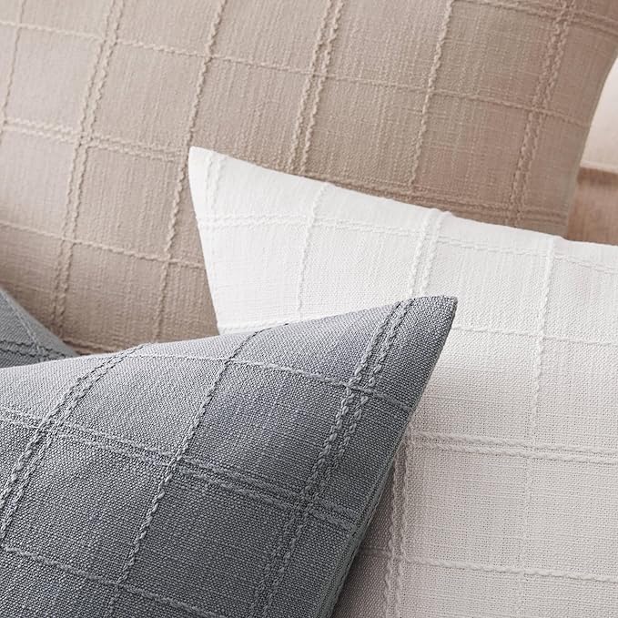 ZeeMart Linen Checked Throw Pillow Covers Set of 2, 16x16 Inch Allover Grid Taupe, Farmhouse Decorative Double Sided Grid Embroidered Couch Pillow Cases Taupe Cotton Linen Cushion Covers