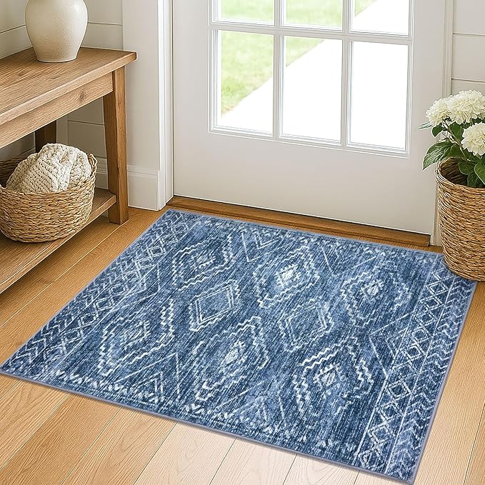 KILOCOCO Entryway Rug 2x3 Small Washable Rug Door Mat Indoor Soft Non Slip Printed Blue Kitchen Rugs for Bedroom Entry Front Door Geometric Boho Throw Rugs, Stonewashed Blue