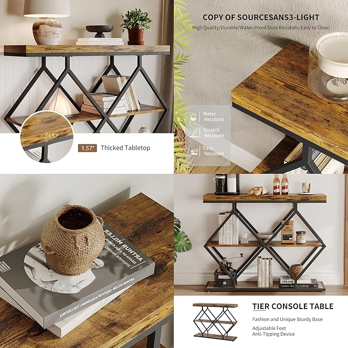 Garvee 3-Tier Entryway Table, Industrial Console Sofa Table with Storage, Accent Tables with Open Shelves, Diamond-Shaped Metal Frame, Foyer Tables for Entryway, Hallway, Rustic Brown